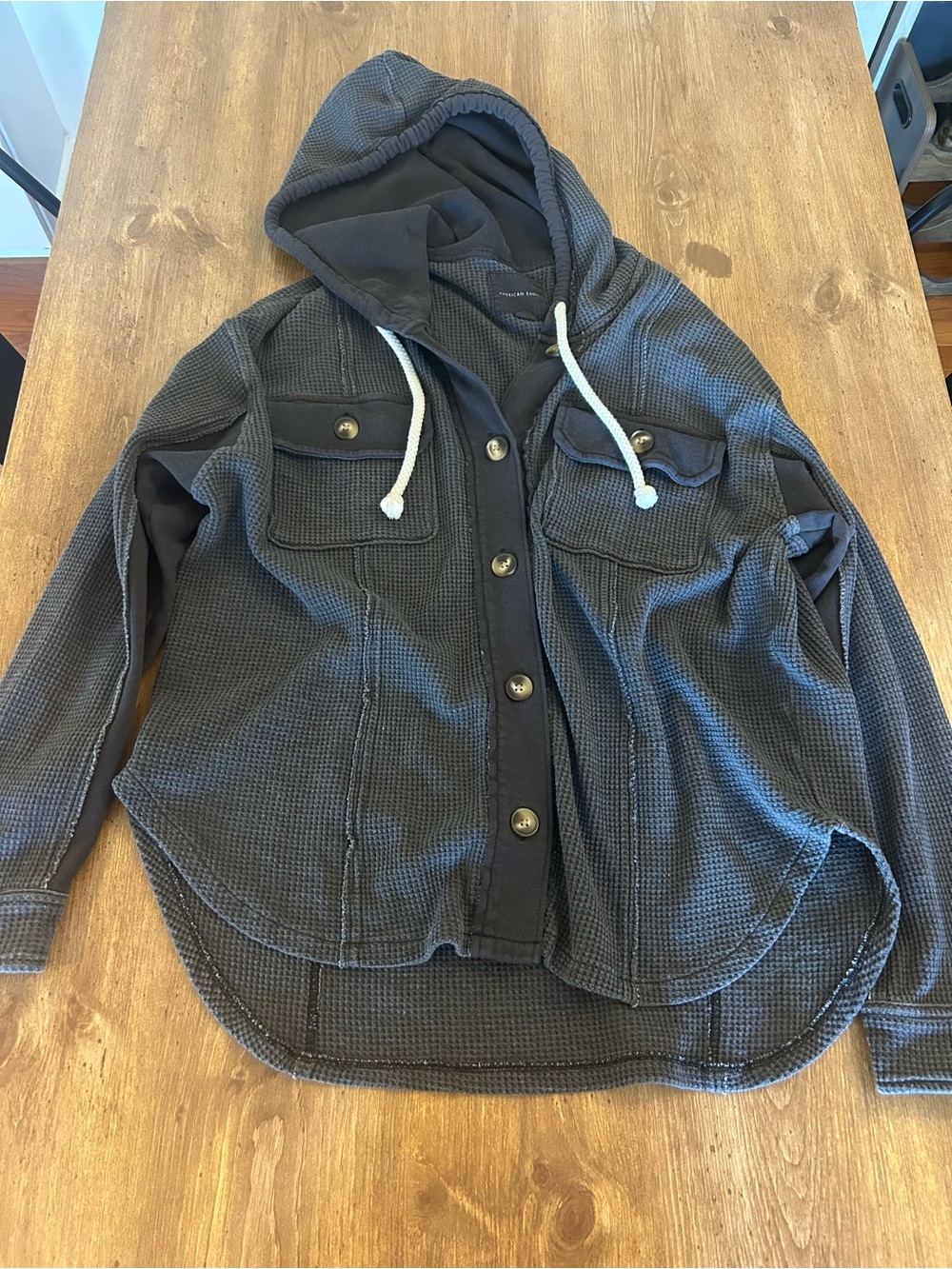 American Eagle Outfitters Black Hooded Waffle Shacket